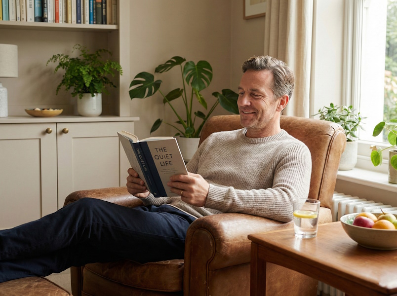 Mężczyzna relaksujący się z książką, dbający o higienę umysłu